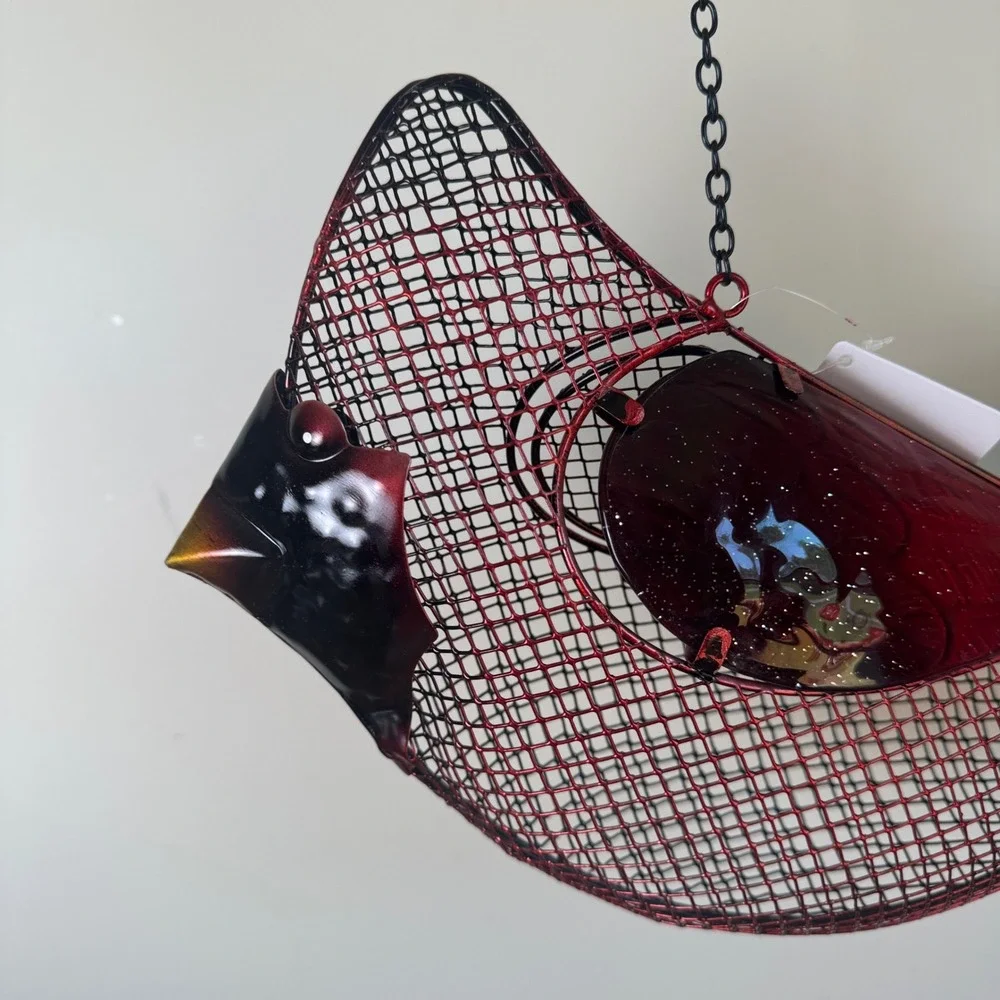 Evergreen Cardinal‎ Seed Bird Feeder Red Metal Mesh Hanging Garden Decor 2BF743